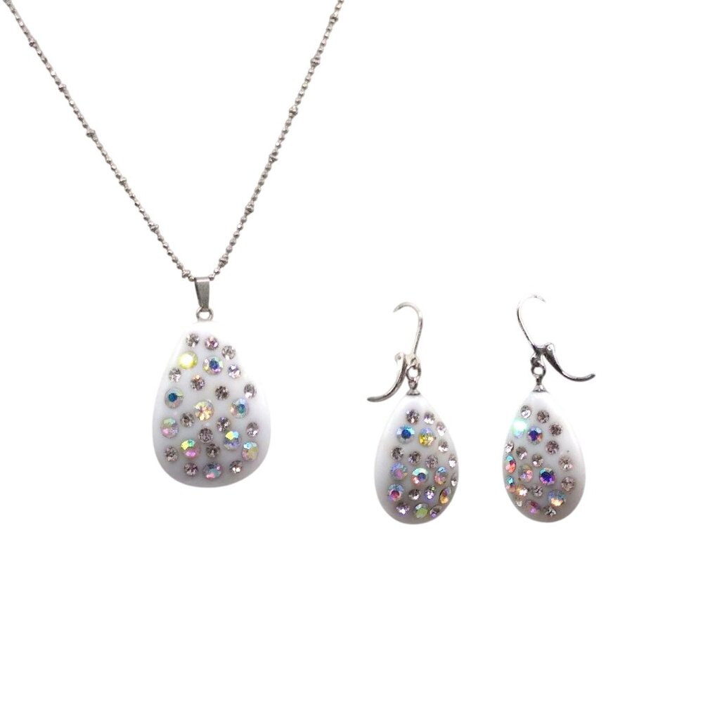 Milk Glass Teardrop Studded with AB Crystals, Pendant Necklace and Matching Dang